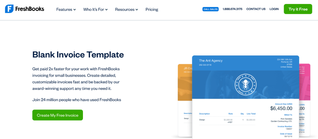 Freshbooks landing page