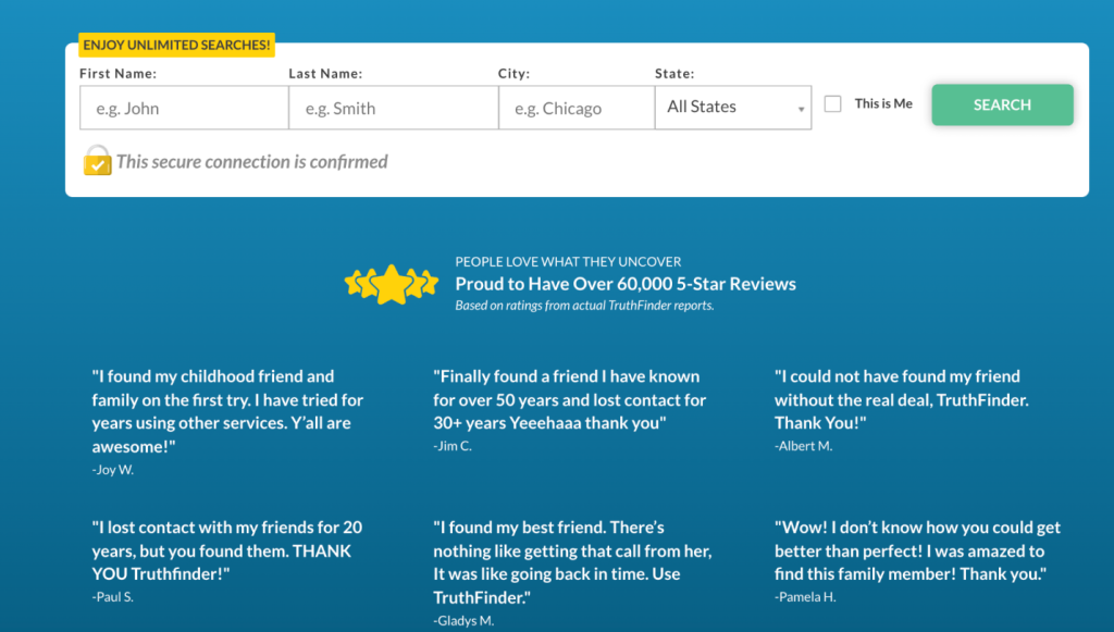 Truthfinder landing page