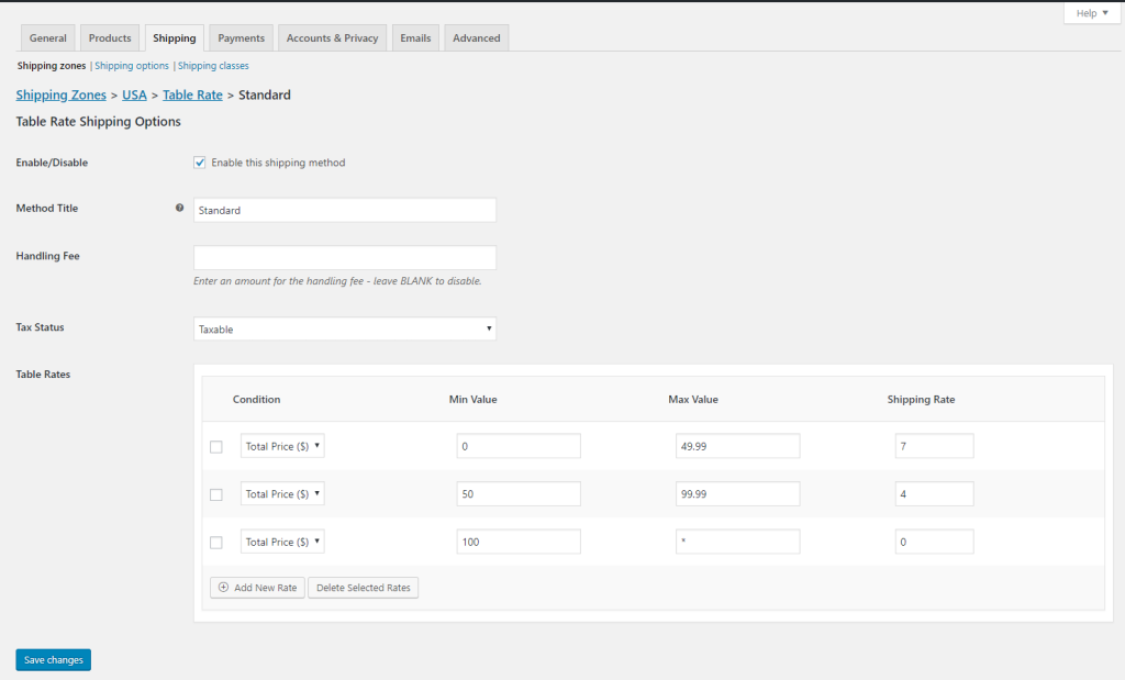 Table Rate Shipping plugin