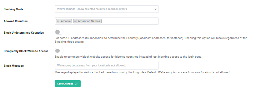 Country Blocking settings